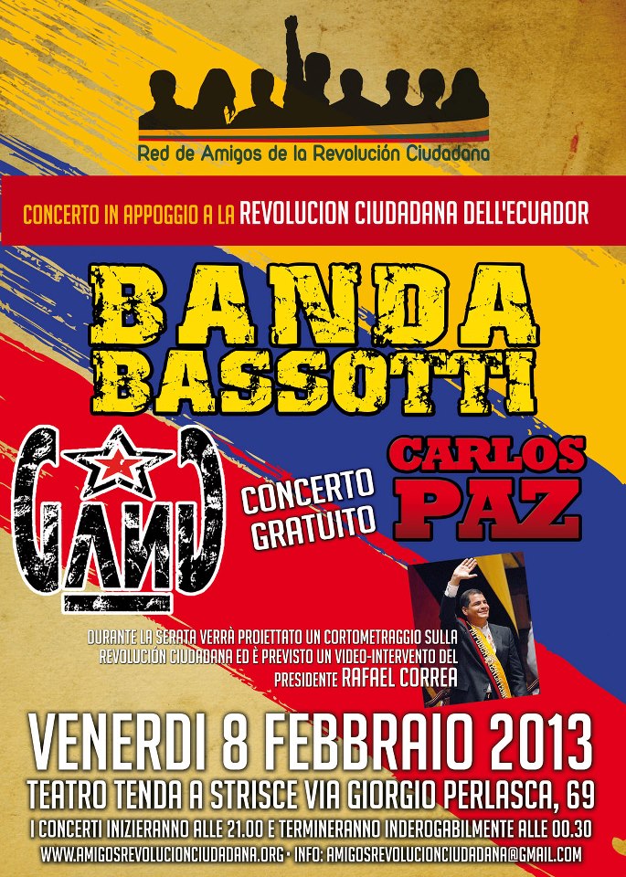 8 febbraio concerto a Roma in appoggio della REVOLUCION CIUDADANA dell’Ecuador