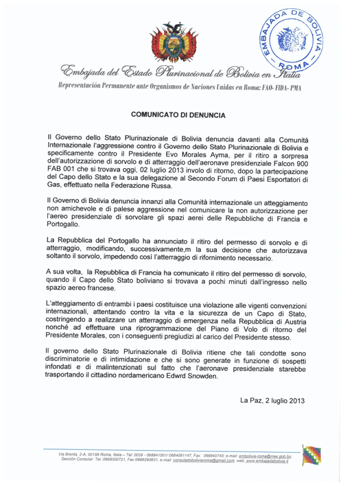BOLIVIA contro EUROPA – Comunicato di denuncia del Ministero degli Esteri